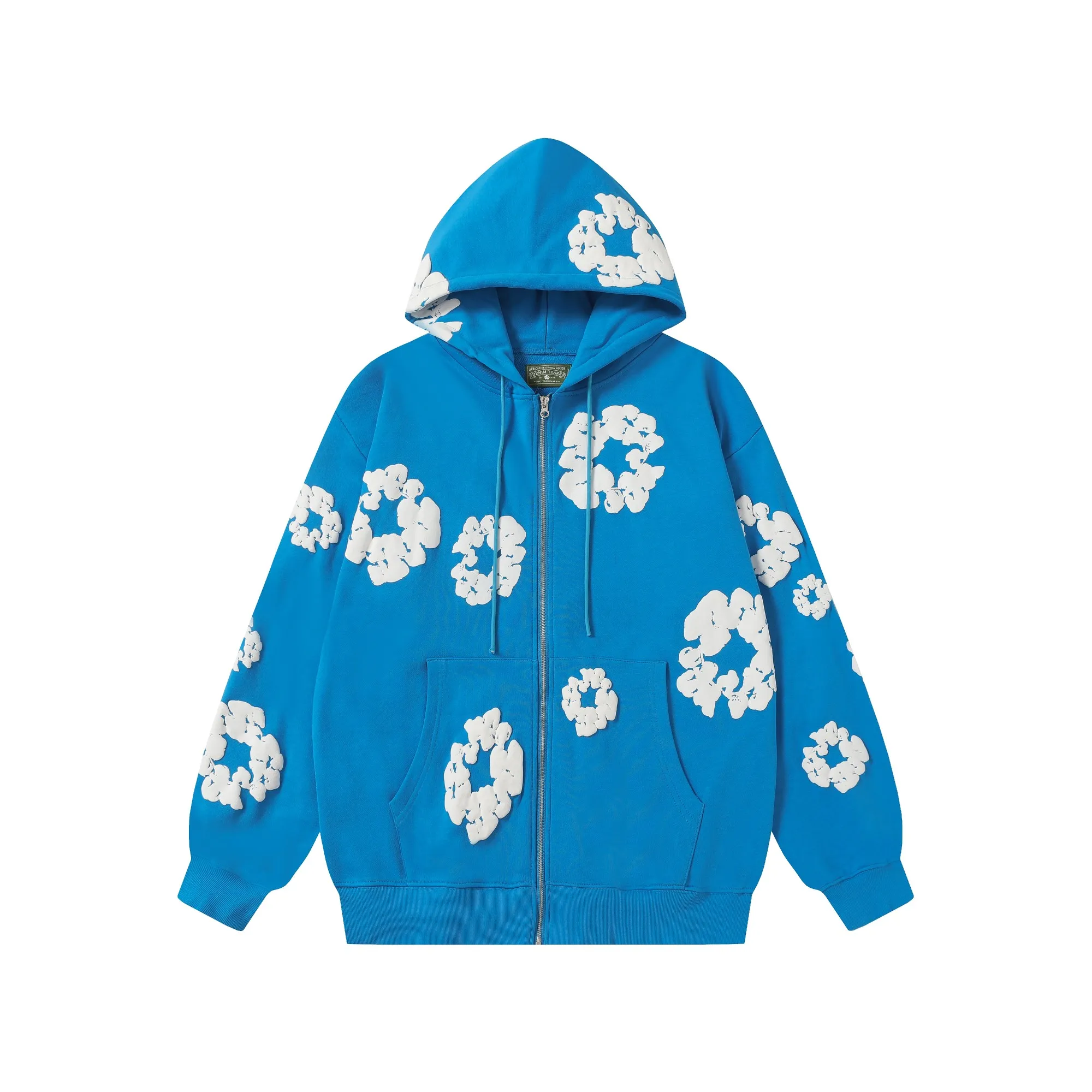 16 colors DENIM TEARS Kapok European and American trendy brand high-quality foam printed hooded sweatshirt jacket. Terry fabric weighs 380 grams. Threads are customized and dyed in the same color. Color Black Gray Blue Green Royal Blue Purple Red Orange Colorful Blue Pink White Sky Blue Brown Carbon Gray Black Gray White White Size S-XL